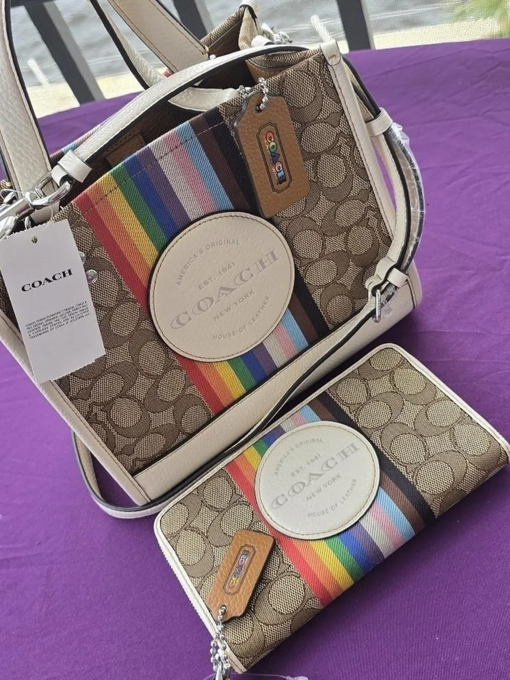 Coach Rainbow Stripe Signature Print White Leather Trim Tote & Matching Wallet